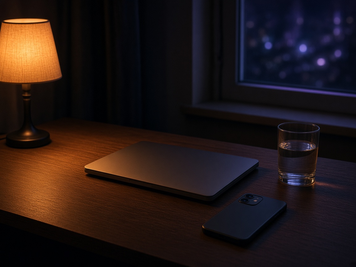 Nachtschreibtisch mit Lampe, geschlossenem Rechner und Telefon