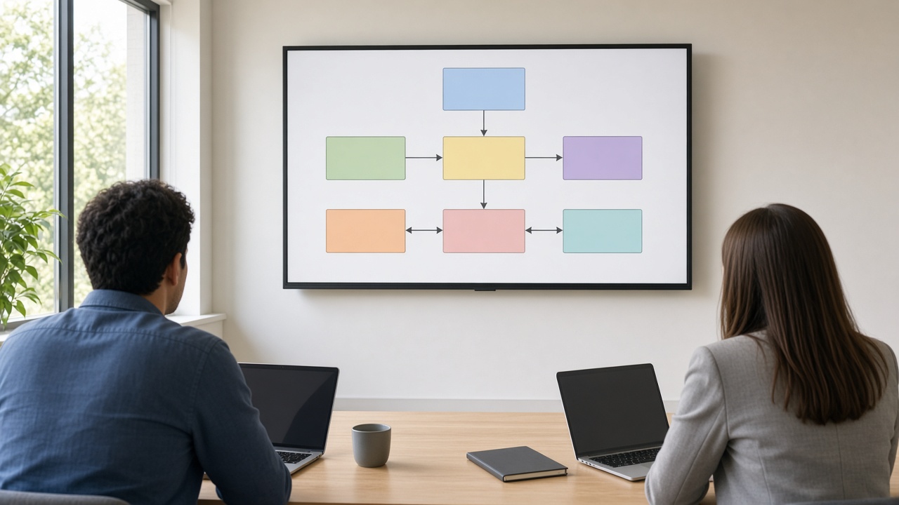 IT-Beratung an einem Bildschirm mit einem Architekturplan