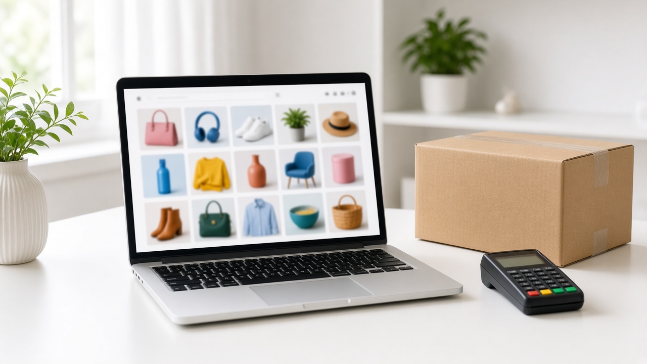 Laptop mit einem Onlineshop, Paket und Kartenterminal
