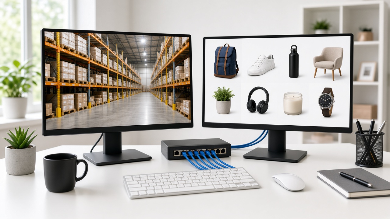 Lager und Onlineshop, verbunden über einen Netzwerk-Switch