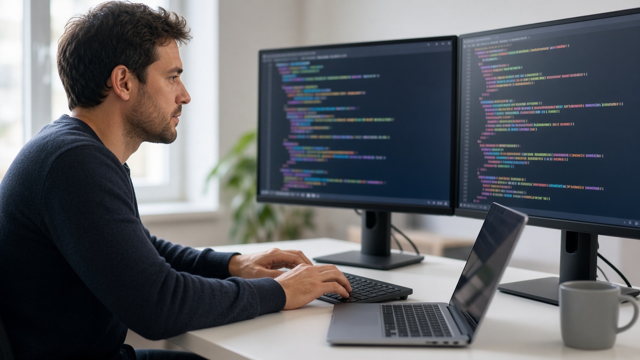 Softwareentwicklung an zwei Bildschirmen mit Programmcode